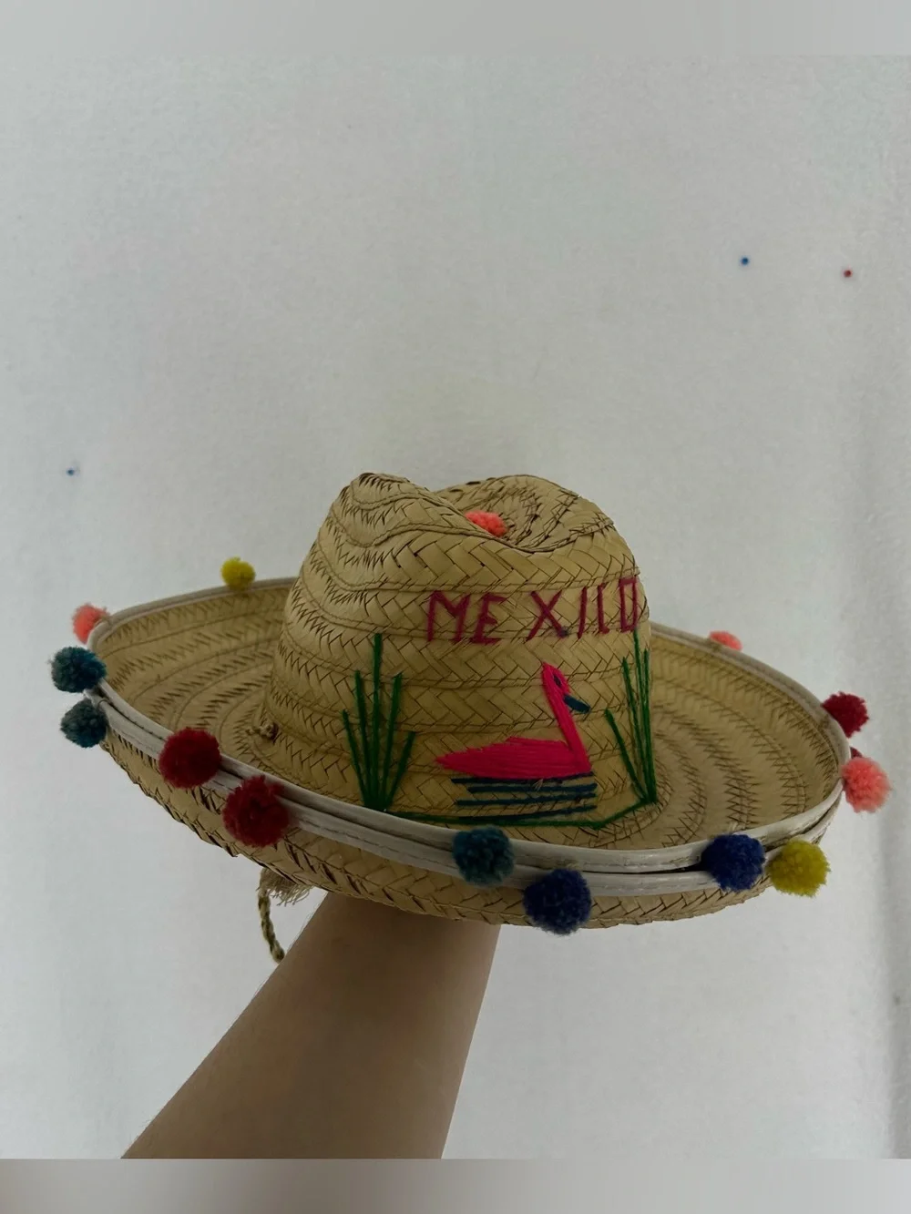 Vintage Mexico Straw Sombrero Pom Pom Fiesta Hat One Size